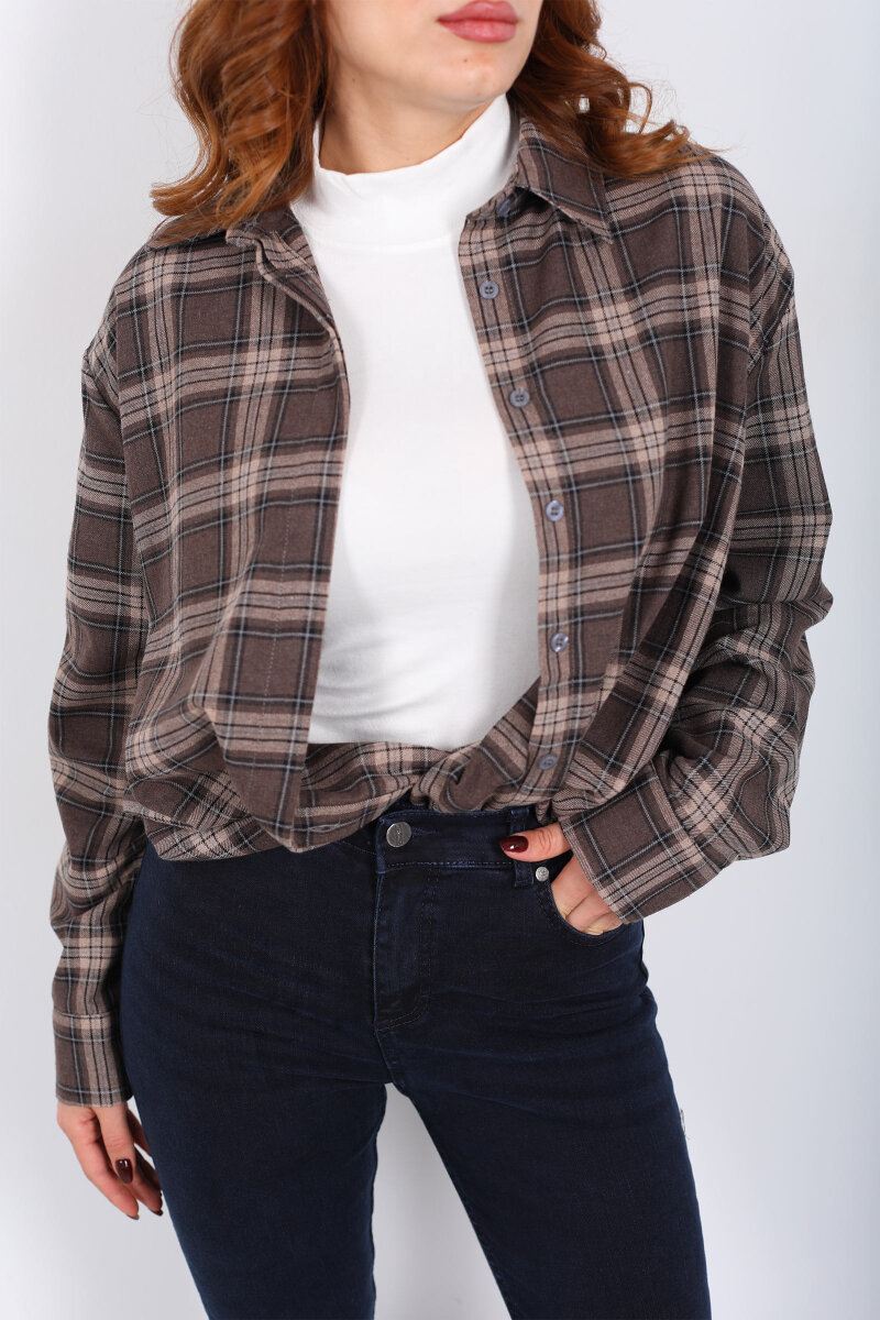 Ekose Desen Acı Kahve Kadın Oduncu Gömlek - 2