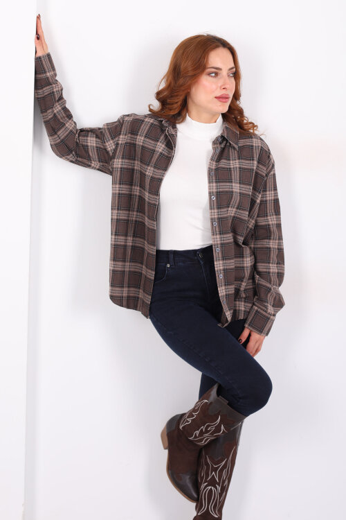 Ekose Desen Acı Kahve Kadın Oduncu Gömlek - Berox