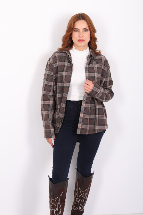 Ekose Desen Acı Kahve Kadın Oduncu Gömlek - 5