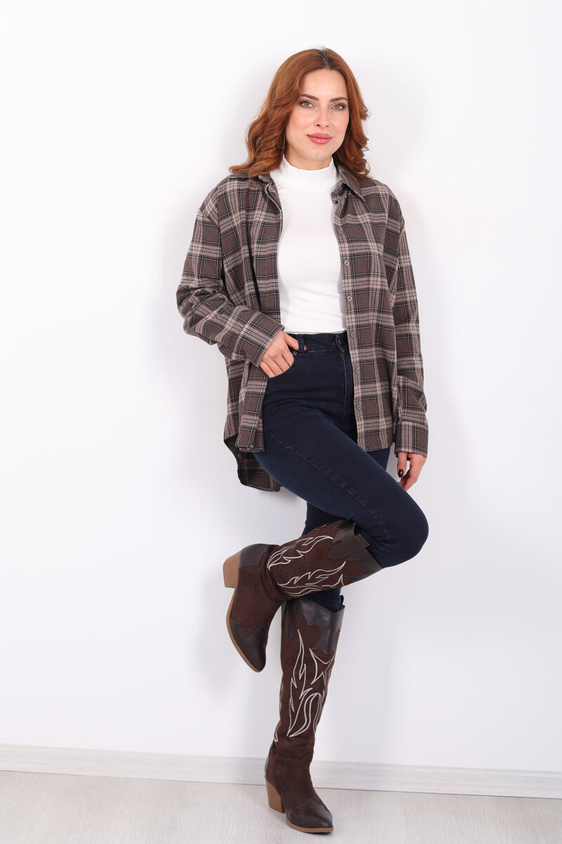 Ekose Desen Acı Kahve Kadın Oduncu Gömlek - 4