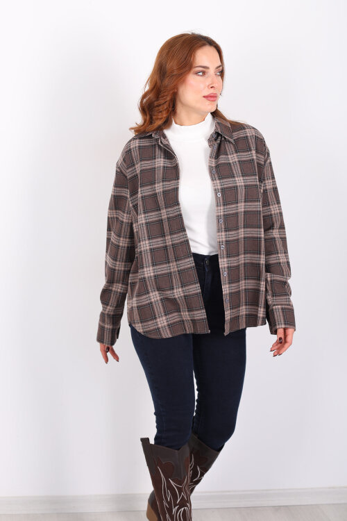 Ekose Desen Acı Kahve Kadın Oduncu Gömlek - 3