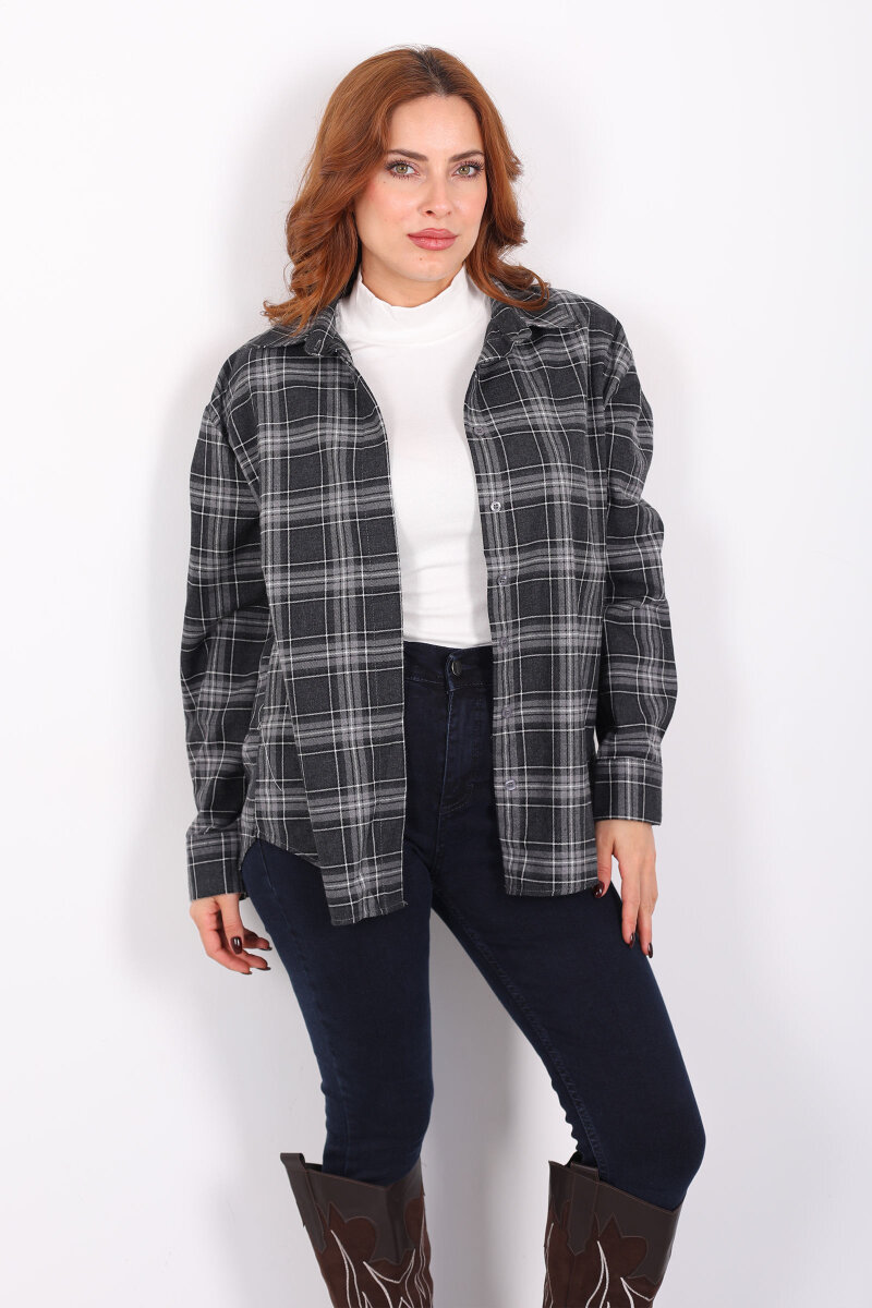 Ekose Desen Antrasit Kadın Oduncu Gömlek - 7