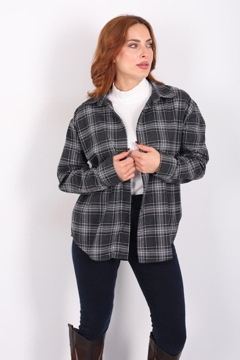 Ekose Desen Antrasit Kadın Oduncu Gömlek - 5