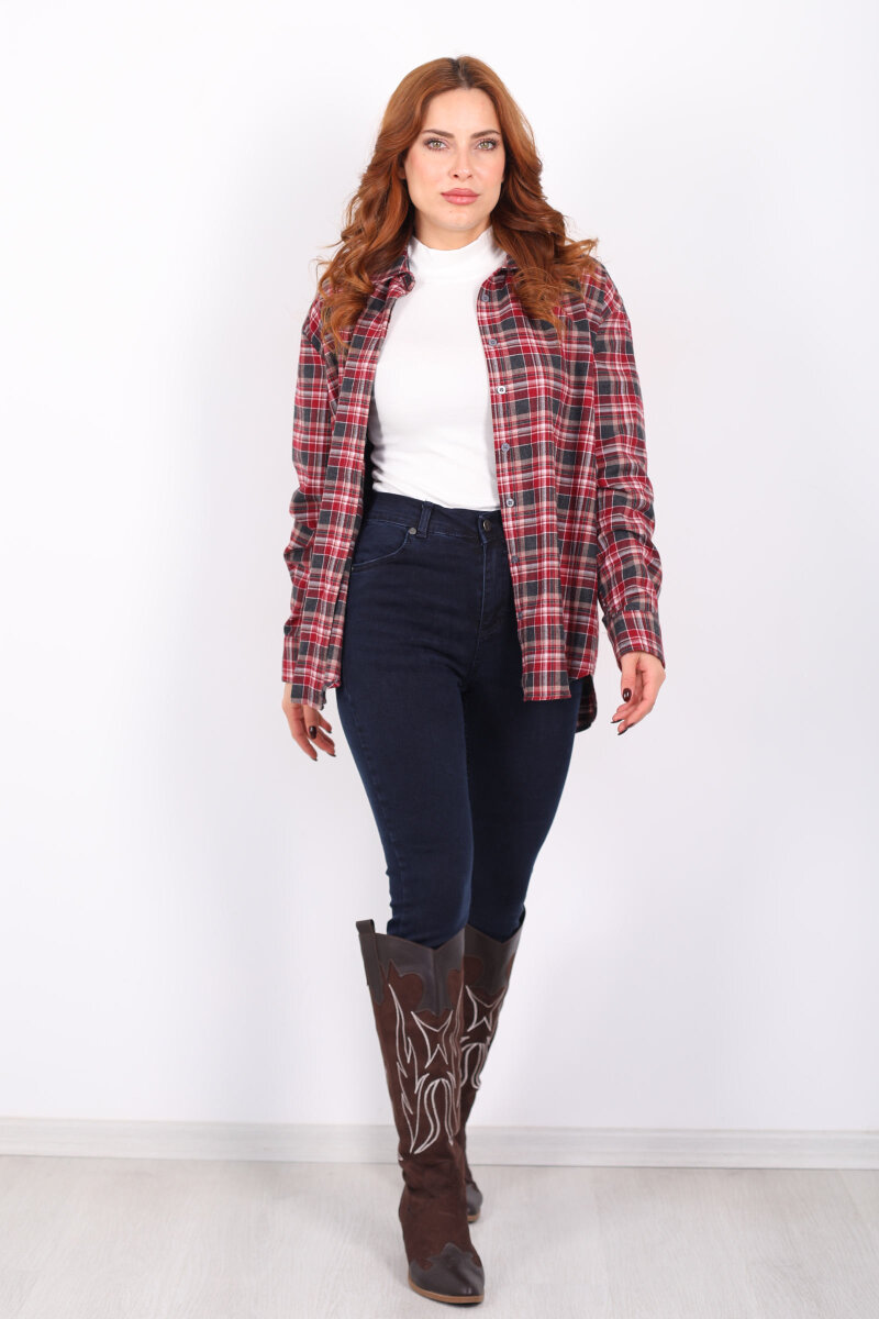 Ekose Desen Bordo Kadın Oduncu Gömlek - 6