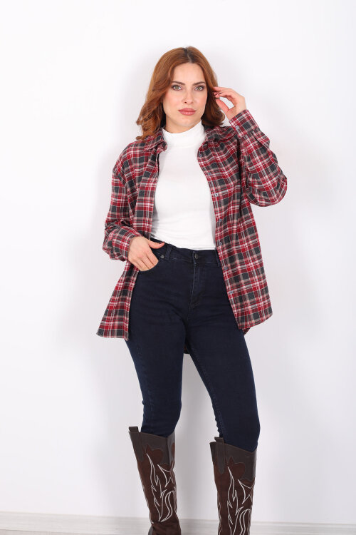 Ekose Desen Bordo Kadın Oduncu Gömlek - Berox