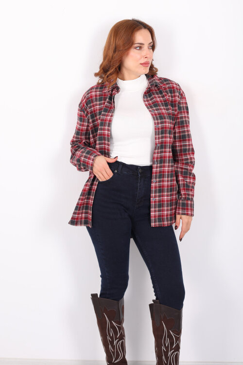 Ekose Desen Bordo Kadın Oduncu Gömlek - 3