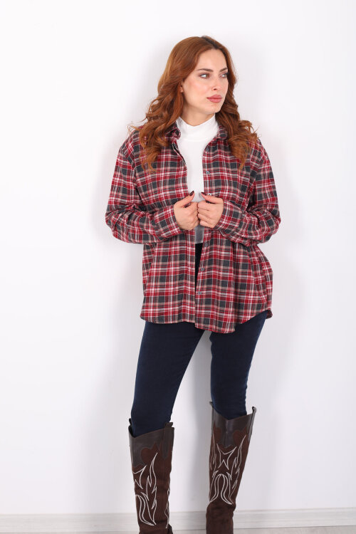 Ekose Desen Bordo Kadın Oduncu Gömlek - 4