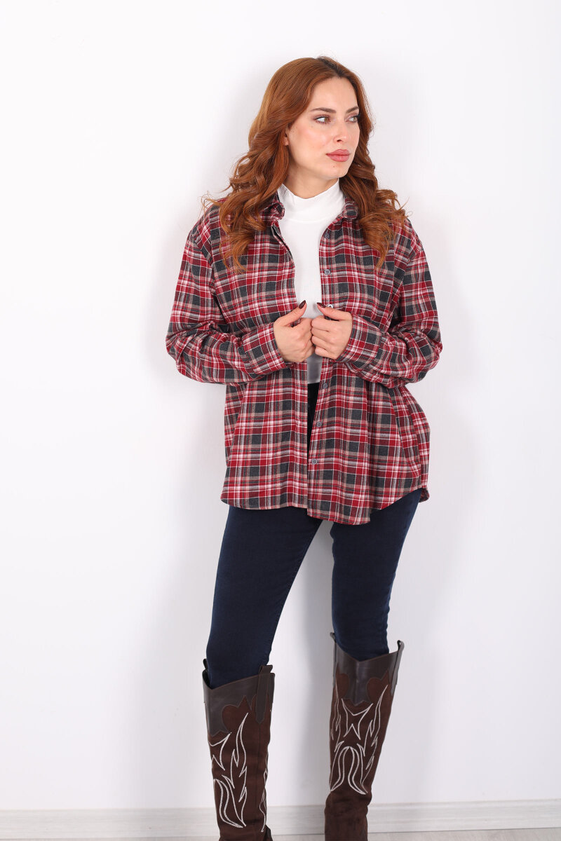 Ekose Desen Bordo Kadın Oduncu Gömlek - 4