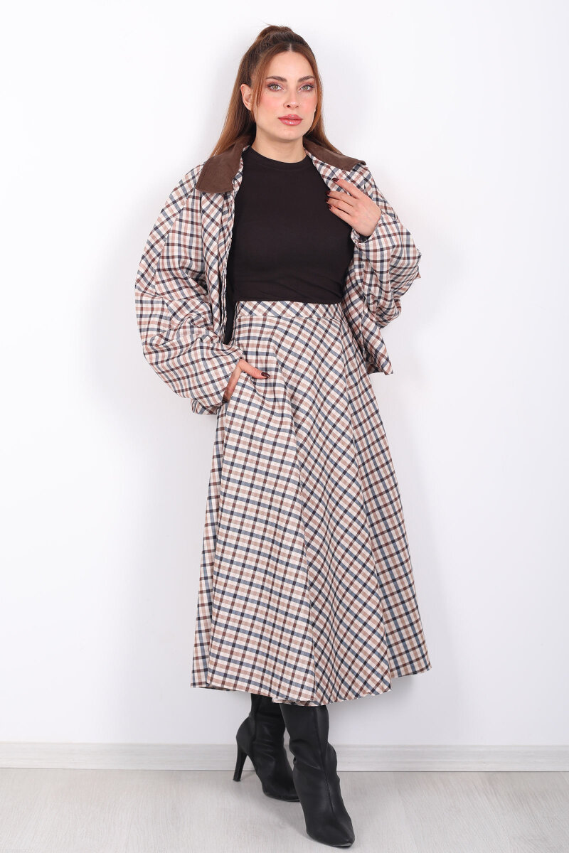 Ekose Desen Camel Kadın Cepli Midi Etek - 4