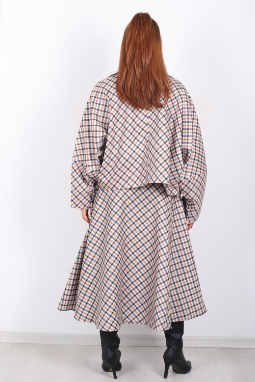 Ekose Desen Camel Kadın Cepli Midi Etek - 6