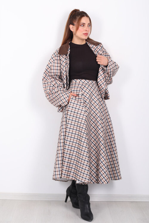 Ekose Desen Camel Kadın Cepli Midi Etek - Berox