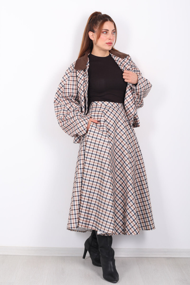 Ekose Desen Camel Kadın Cepli Midi Etek - 1