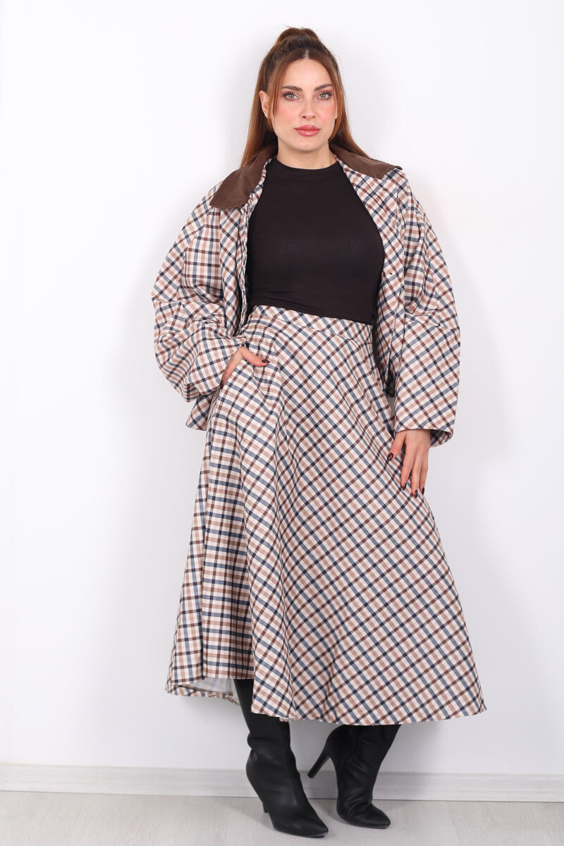 Ekose Desen Camel Kadın Cepli Midi Etek - 7