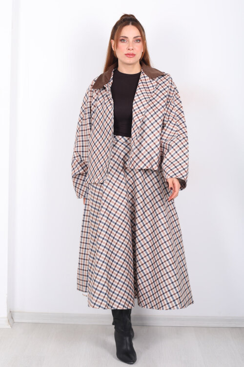 Ekose Desen Camel Kadın Cepli Midi Etek - 3