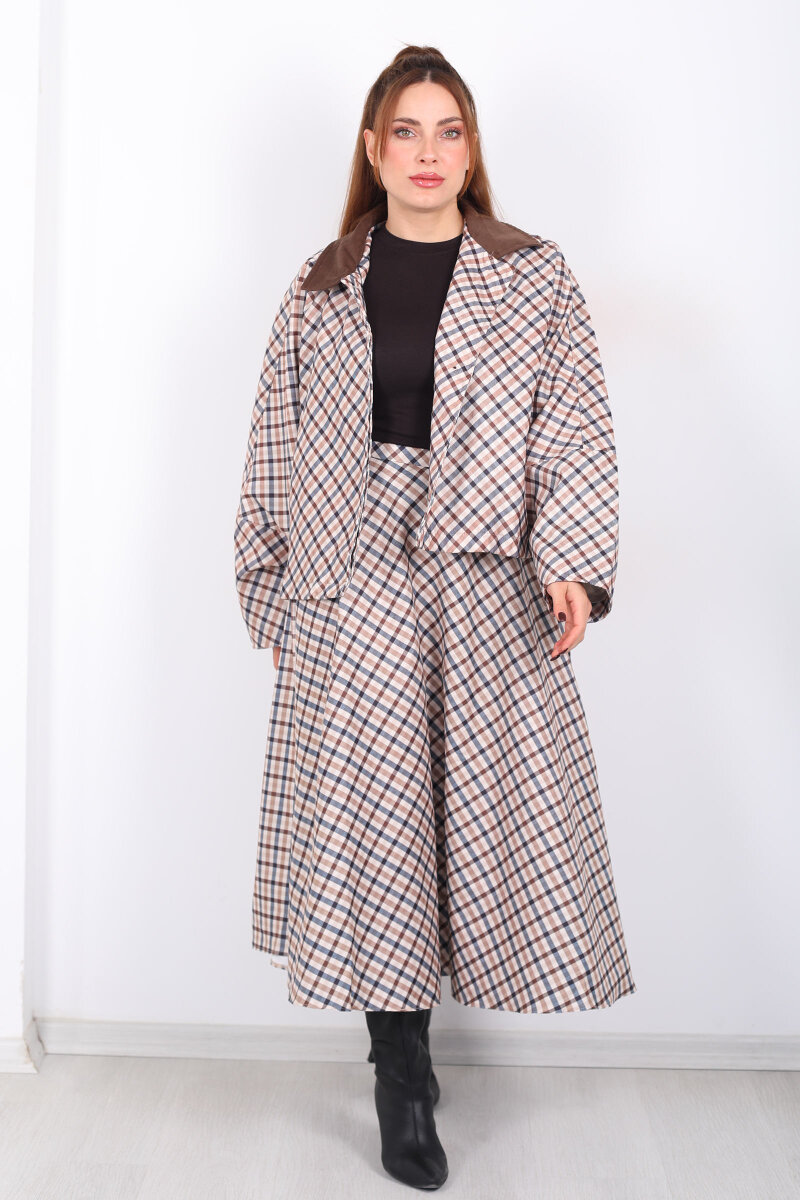 Ekose Desen Camel Kadın Cepli Midi Etek - 3