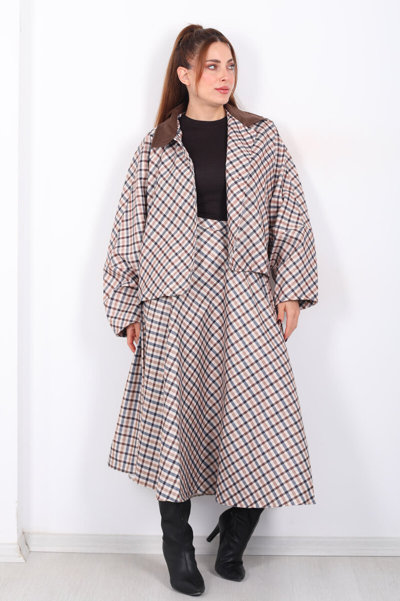 Ekose Desen Camel Kadın Cepli Midi Etek - 5