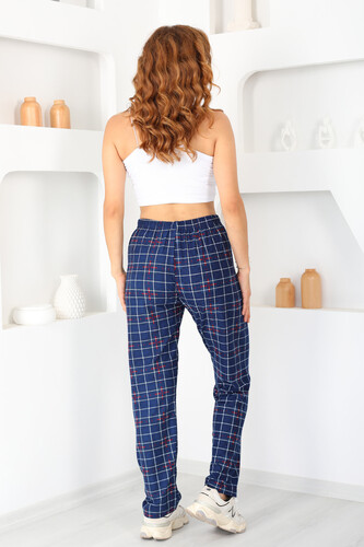Ekose Desen Lacivert Kadın Süet Pijama Altı - 4