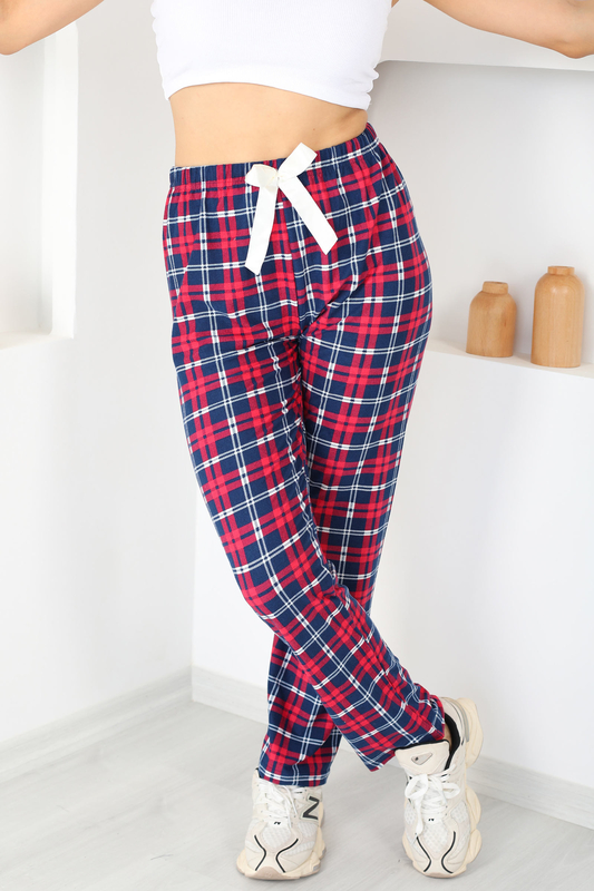 Ekose Desen Pembe Kadın Süet Pijama Altı - 3