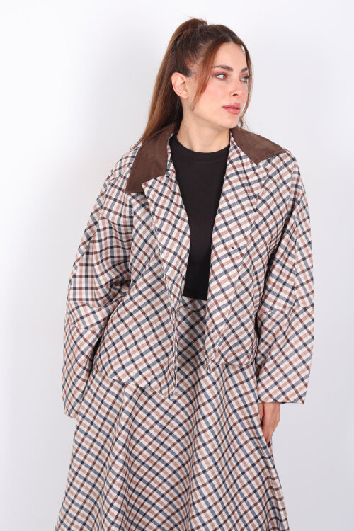 Ekose Desen Yarasa Kol Camel Kadın Oversize Ceket - 3