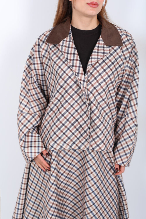 Ekose Desen Yarasa Kol Camel Kadın Oversize Ceket - Berox (1)