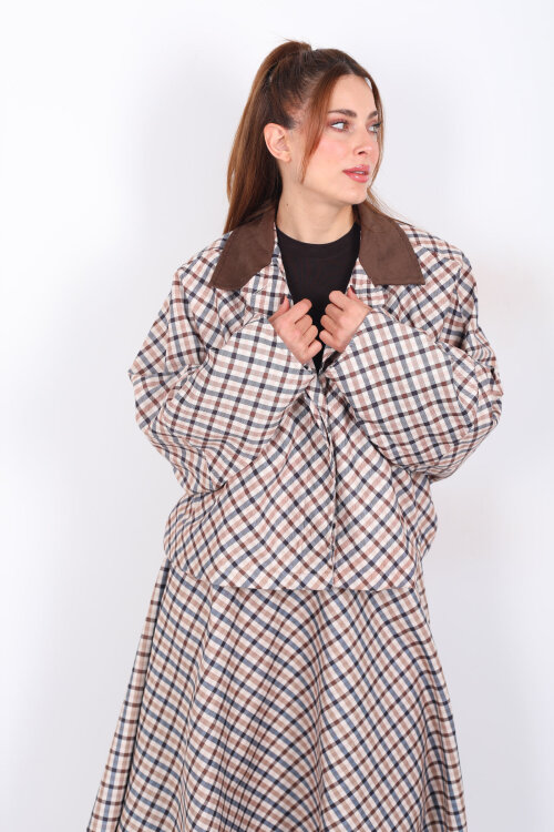 Ekose Desen Yarasa Kol Camel Kadın Oversize Ceket - Berox