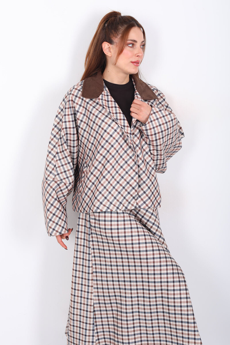 Ekose Desen Yarasa Kol Camel Kadın Oversize Ceket - 6