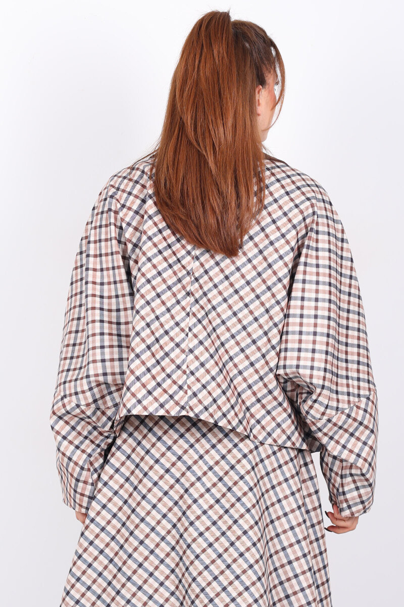 Ekose Desen Yarasa Kol Camel Kadın Oversize Ceket - 5