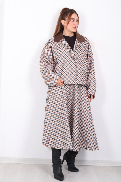 Ekose Desen Yarasa Kol Camel Kadın Oversize Ceket - 4