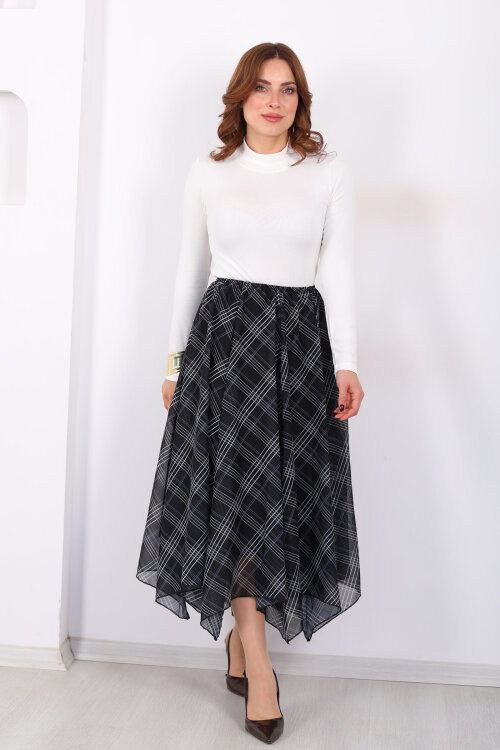 Ekose Desenli Asimetrik Antrasit Kadın Kloş Etek - 6