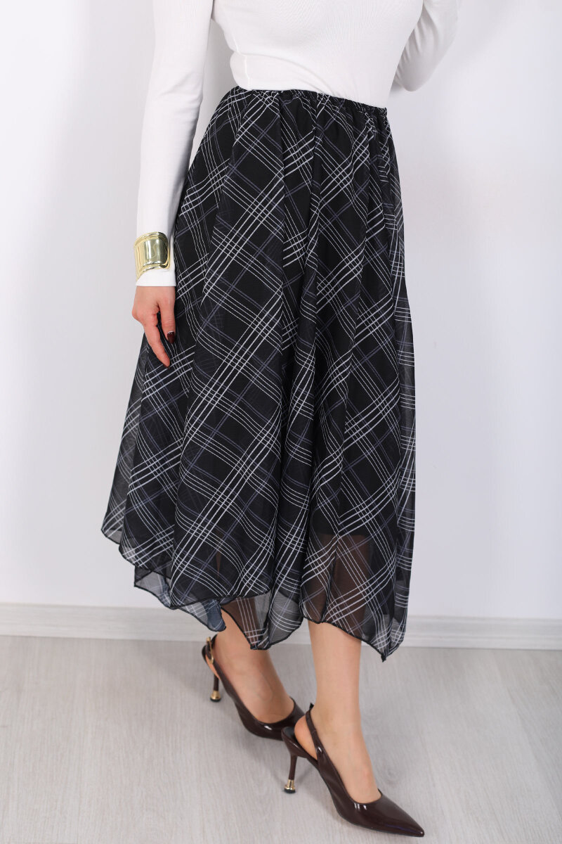 Ekose Desenli Asimetrik Antrasit Kadın Kloş Etek - 2