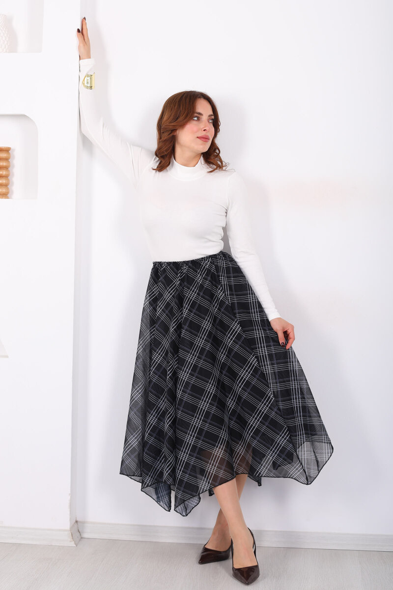 Ekose Desenli Asimetrik Antrasit Kadın Kloş Etek - 1