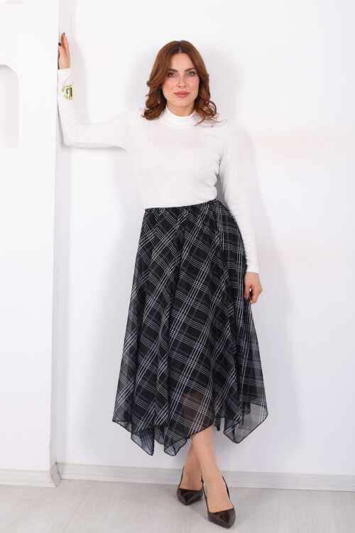 Ekose Desenli Asimetrik Antrasit Kadın Kloş Etek - 4