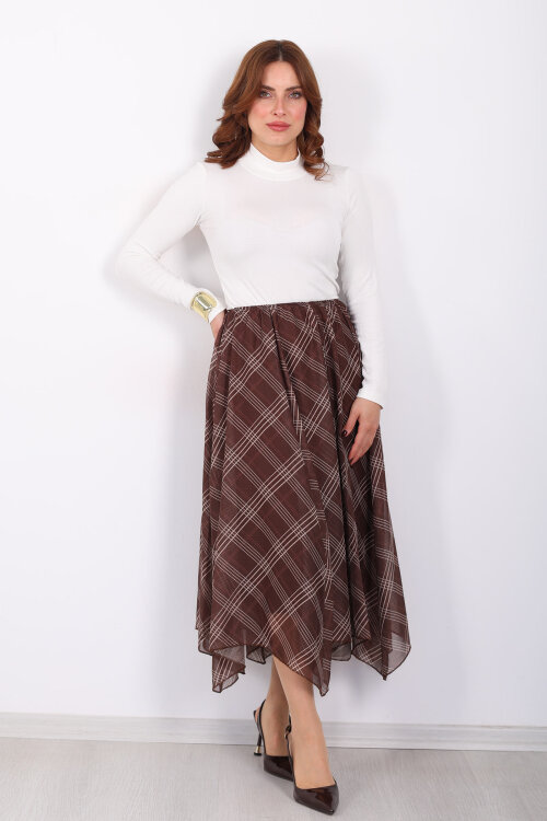 Ekose Desenli Asimetrik Kahverengi Kadın Kloş Etek - 6