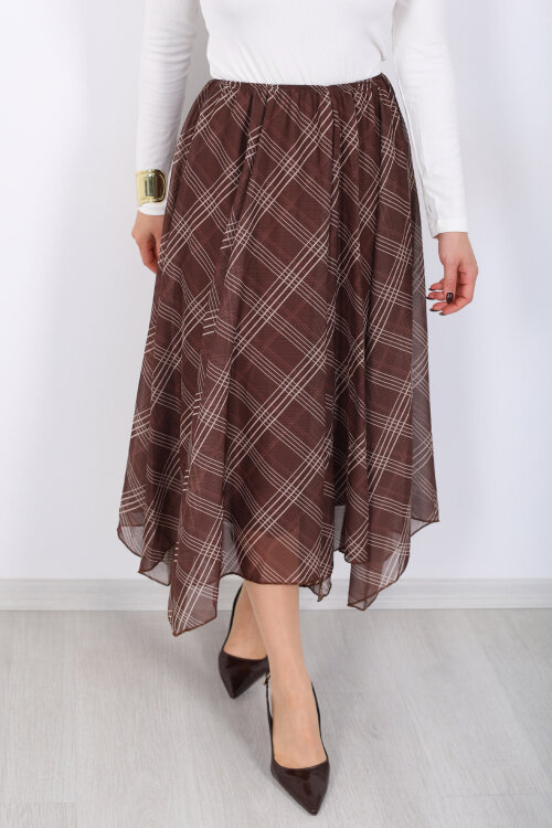 Ekose Desenli Asimetrik Kahverengi Kadın Kloş Etek - 2