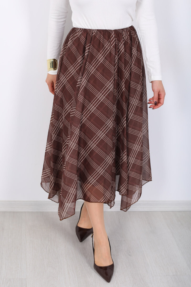 Ekose Desenli Asimetrik Kahverengi Kadın Kloş Etek - 2