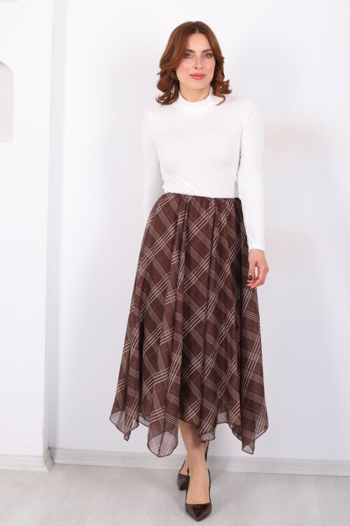 Ekose Desenli Asimetrik Kahverengi Kadın Kloş Etek - 5