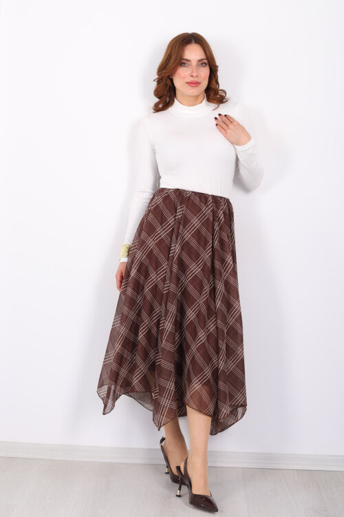Ekose Desenli Asimetrik Kahverengi Kadın Kloş Etek - 3