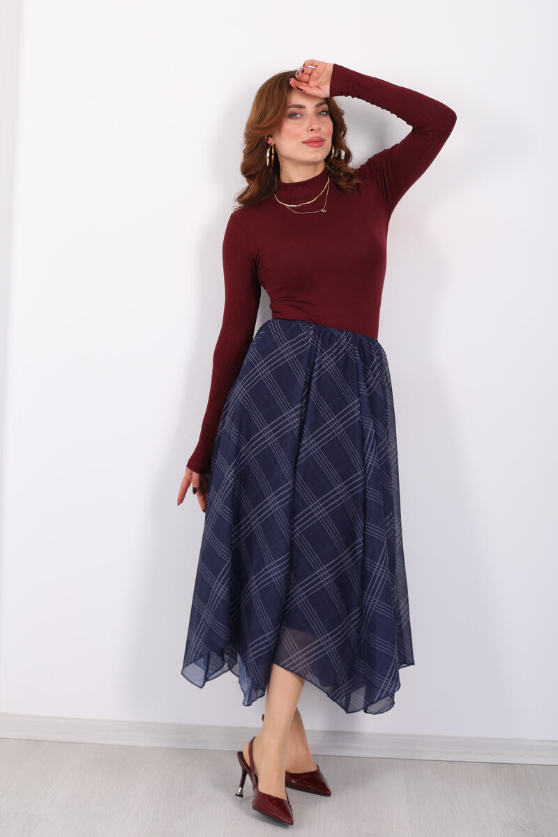 Ekose Desenli Asimetrik Lacivert Kadın Kloş Etek - 1