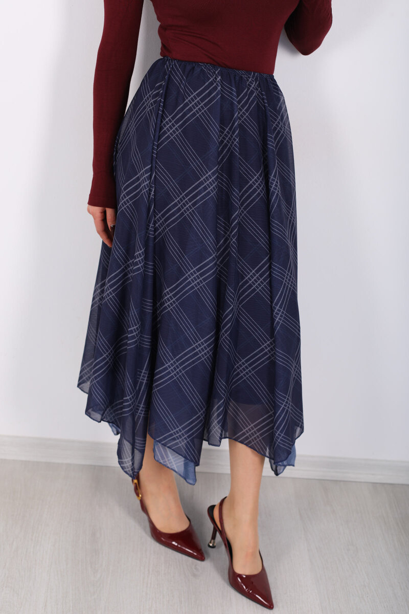 Ekose Desenli Asimetrik Lacivert Kadın Kloş Etek - 2