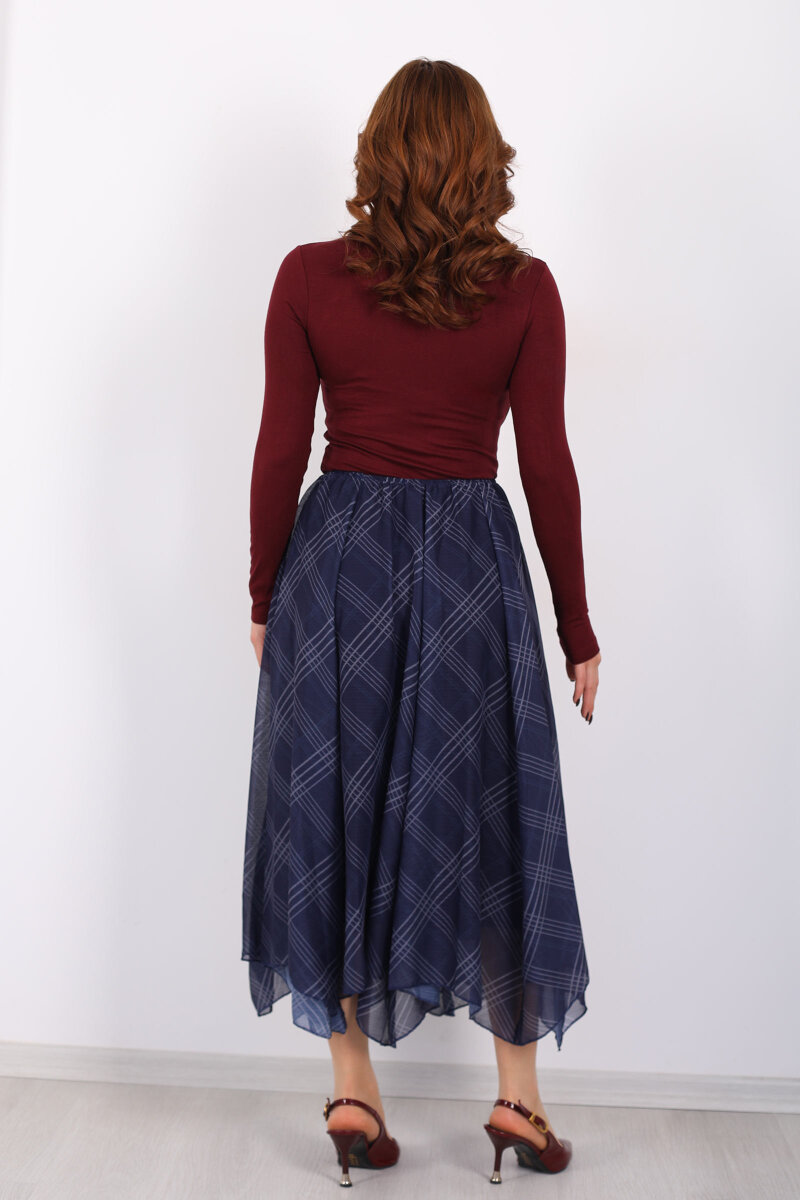 Ekose Desenli Asimetrik Lacivert Kadın Kloş Etek - 5