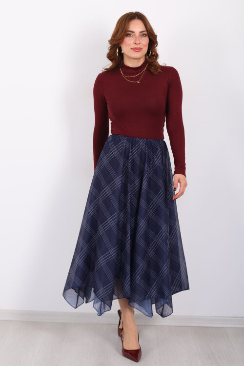 Ekose Desenli Asimetrik Lacivert Kadın Kloş Etek - 6