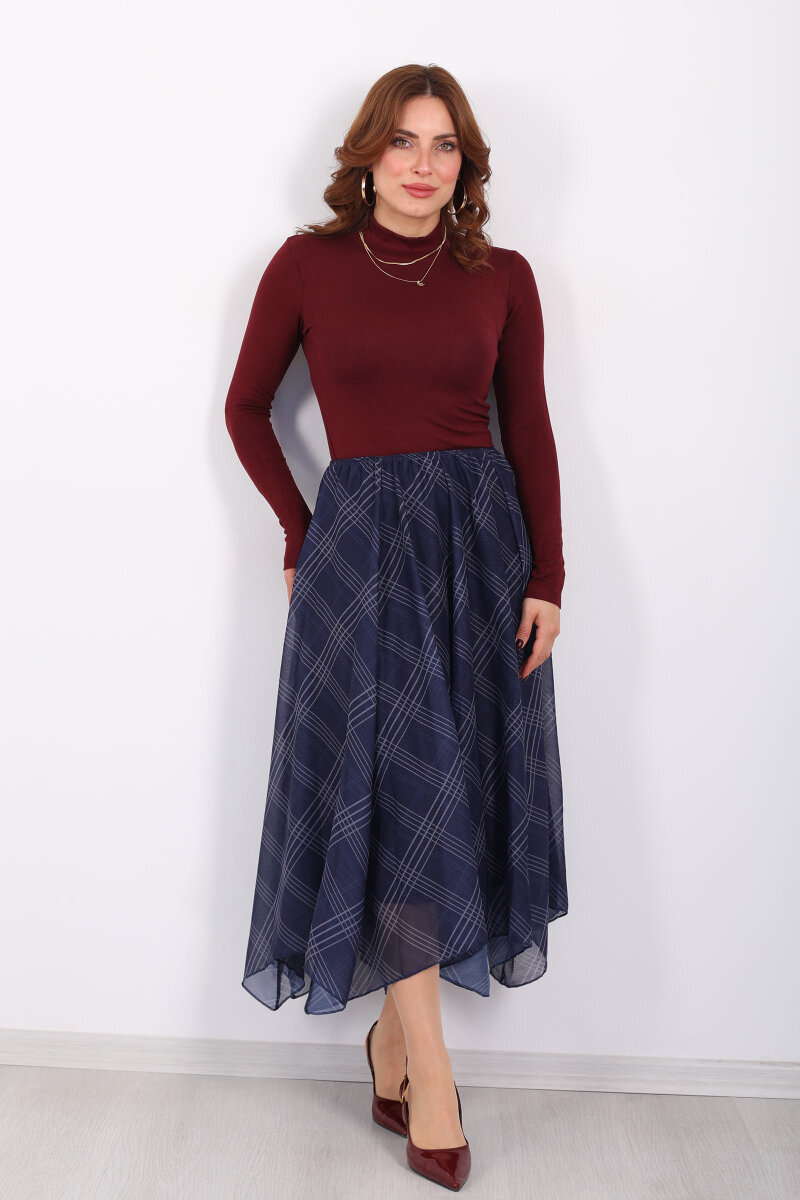 Ekose Desenli Asimetrik Lacivert Kadın Kloş Etek - 4