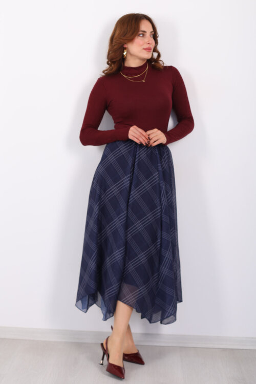 Ekose Desenli Asimetrik Lacivert Kadın Kloş Etek - 3