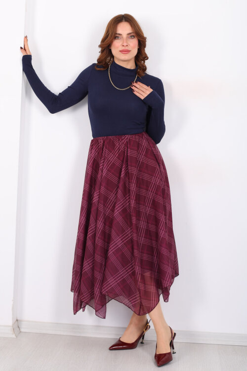 Ekose Desenli Asimetrik Mürdüm Kadın Kloş Etek - 4