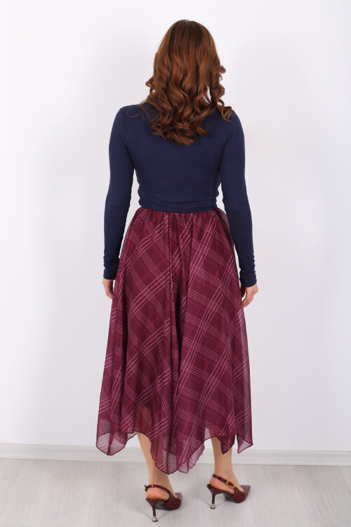 Ekose Desenli Asimetrik Mürdüm Kadın Kloş Etek - 5