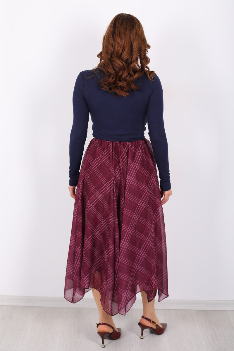 Ekose Desenli Asimetrik Mürdüm Kadın Kloş Etek - 5