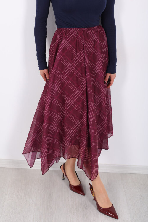 Ekose Desenli Asimetrik Mürdüm Kadın Kloş Etek - Berox (1)