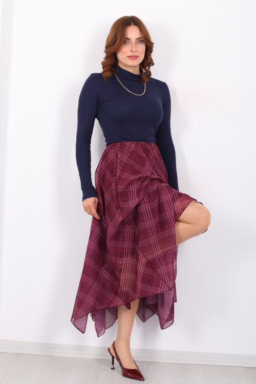 Ekose Desenli Asimetrik Mürdüm Kadın Kloş Etek - Berox