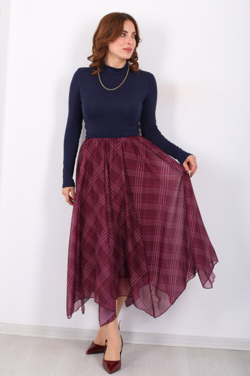 Ekose Desenli Asimetrik Mürdüm Kadın Kloş Etek - 3