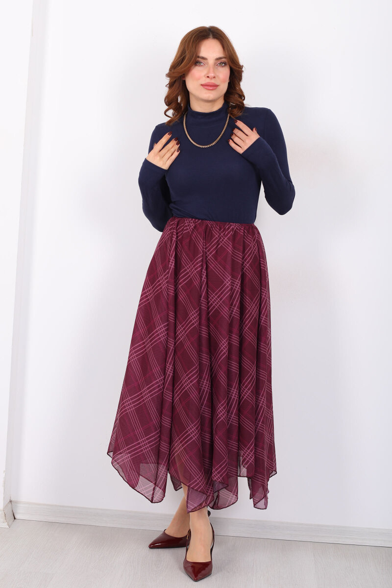 Ekose Desenli Asimetrik Mürdüm Kadın Kloş Etek - 6